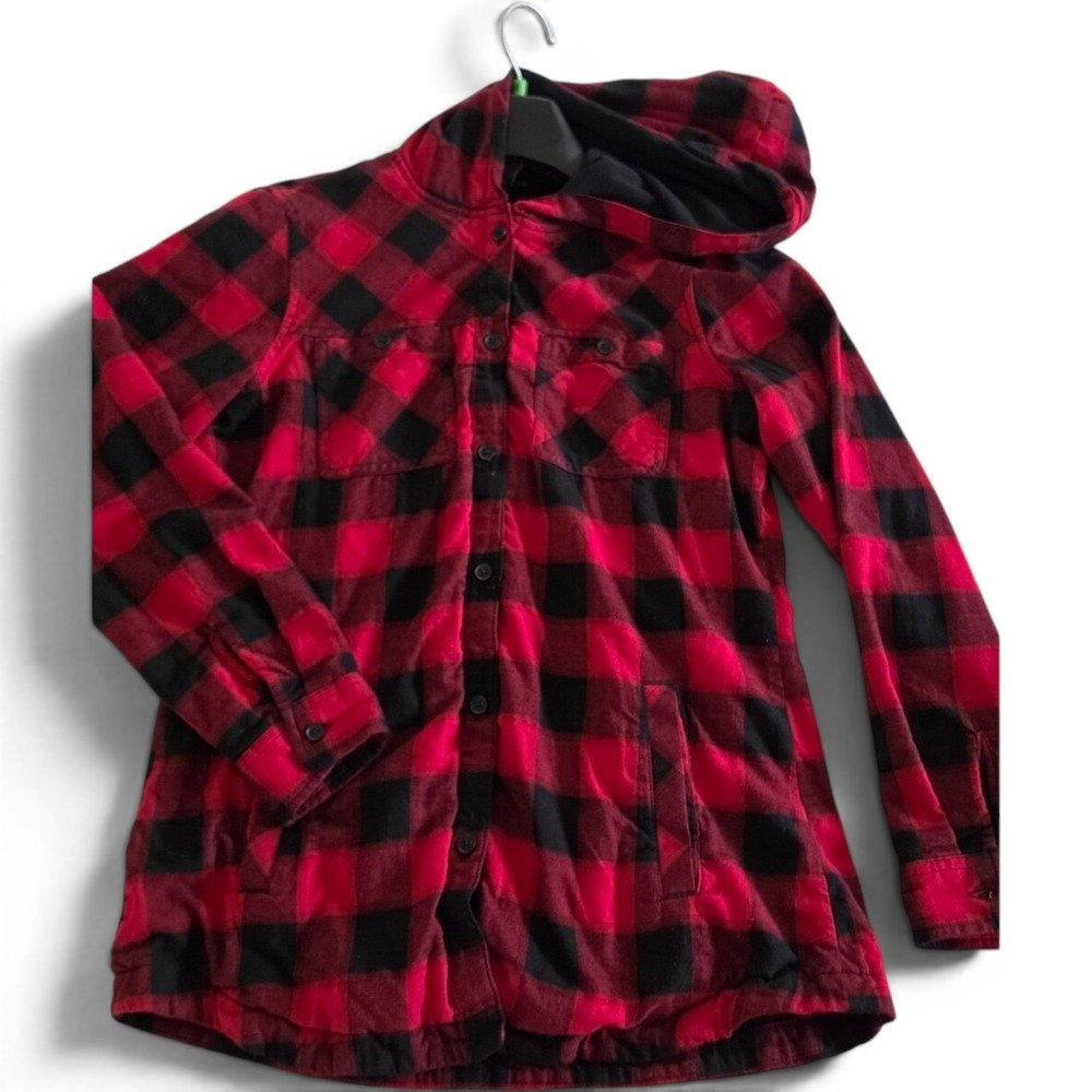 Eddie Bauer Hooded Shacket  Women's Med Lined Cozy Button-Front Red/Black Plaid